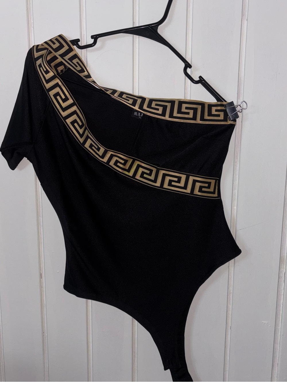 Black One-Shoulder Bodysuit with Gold Trim
